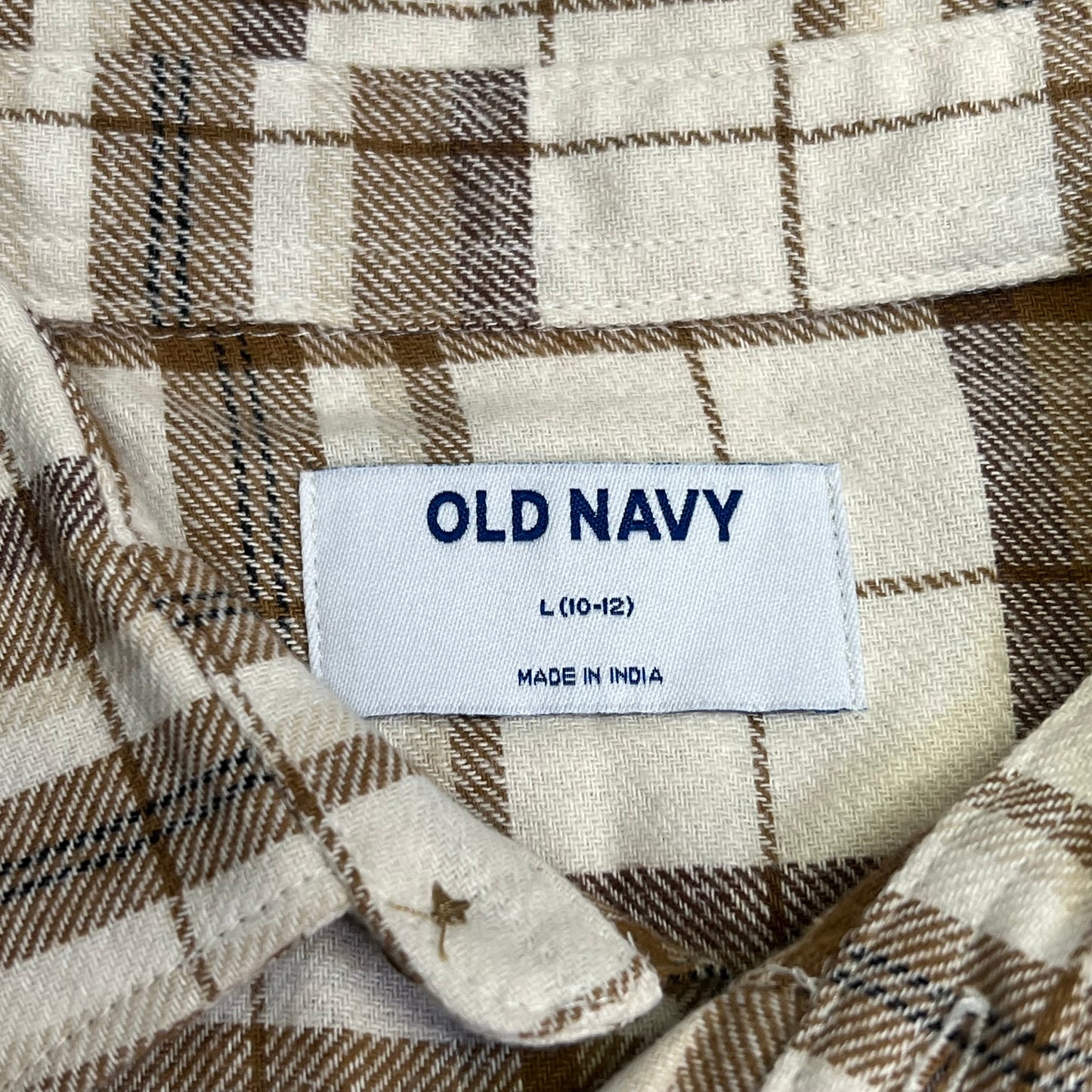 OLD NAVY Long-Sleeve Pocket Plaid Flannel Shirt Boy's Sz L White/Burnt Orange