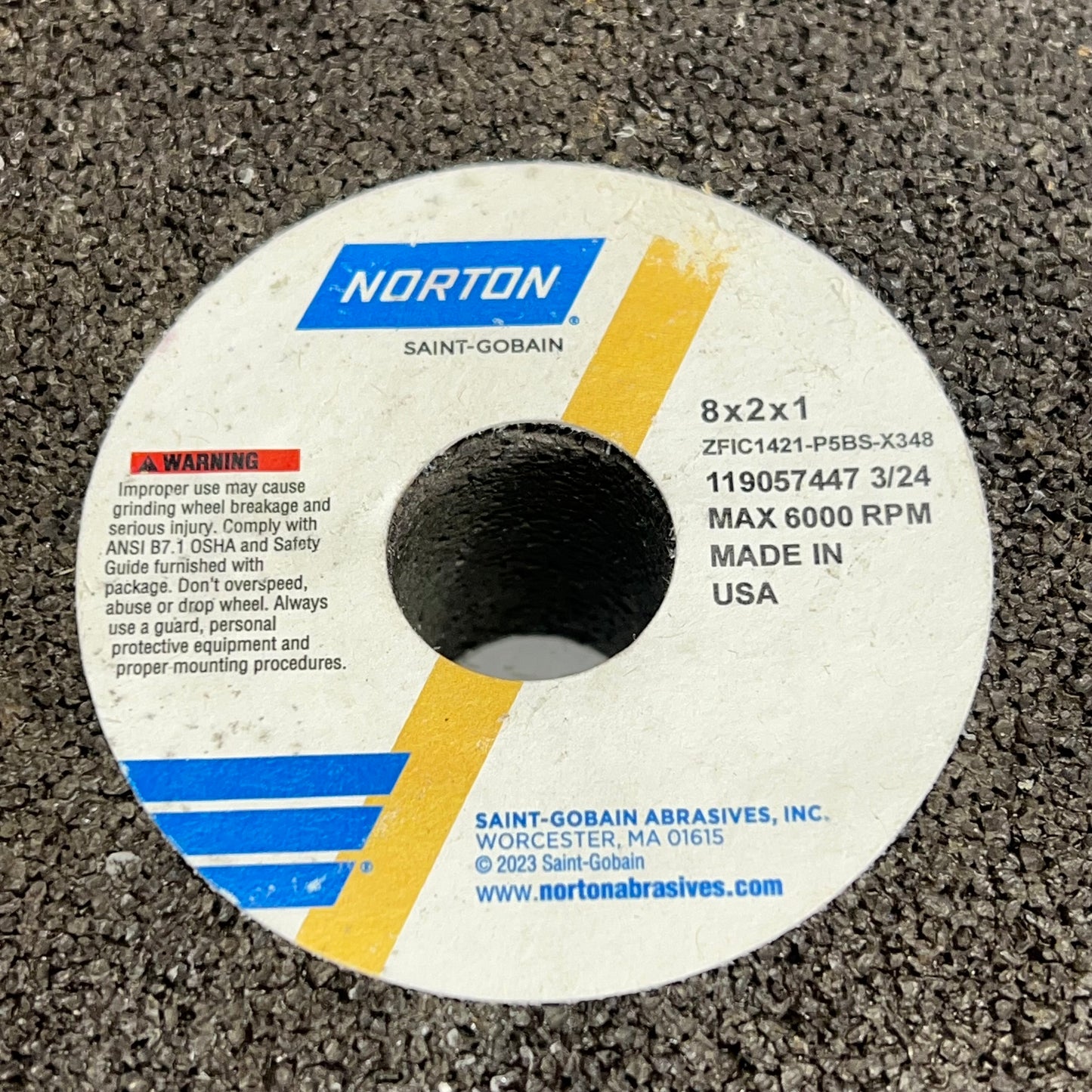ZA@ NORTON Grinding Wheel Made In Usa 6000 RPM 8" X 2" X 1" ZFIC1421-P5BS-X348 (Water Damaged to Packaging) B