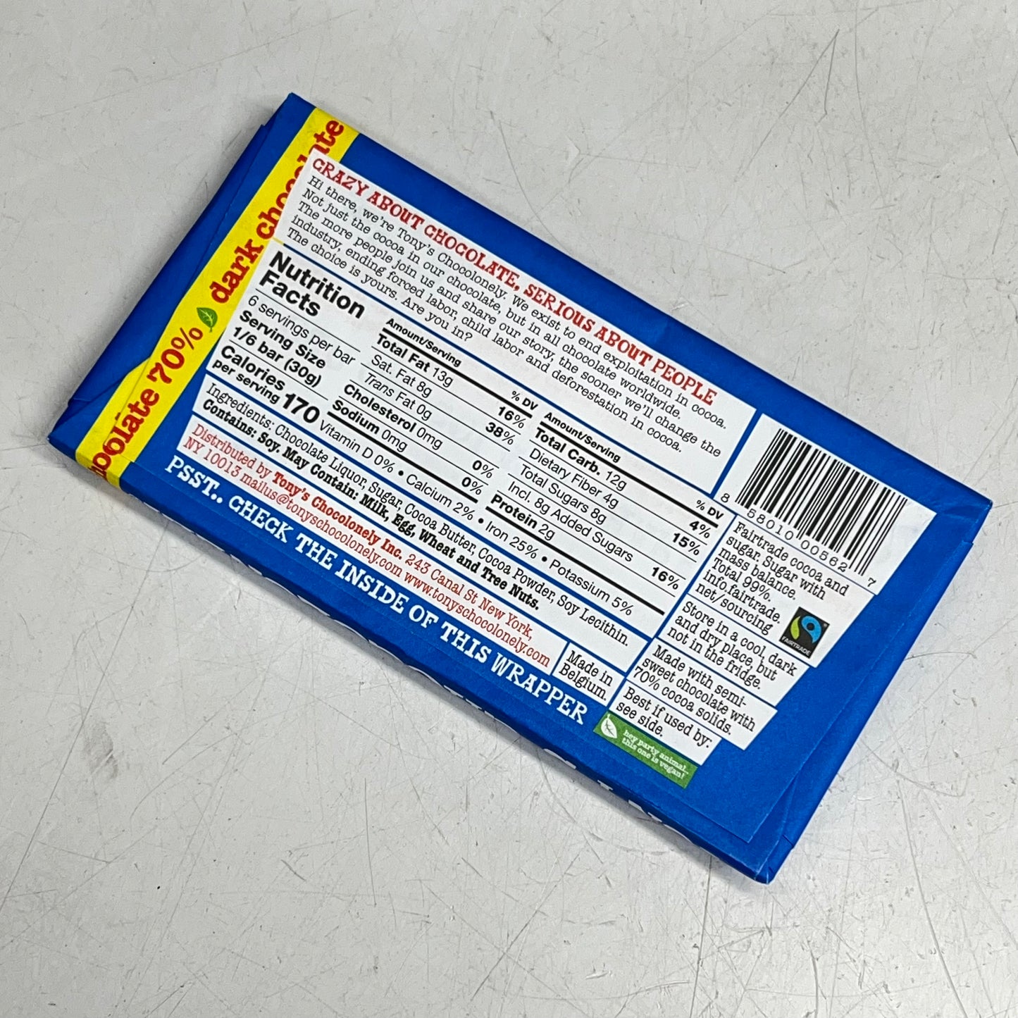 ZA@ TONY'S (2 PACK) Chocolonely 70% Dark Chocolate Bar 6.35oz BB 08/27