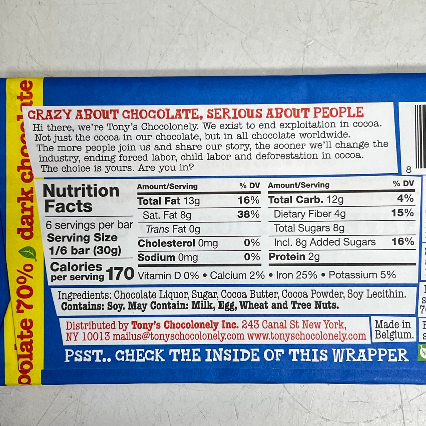 ZA@ TONY'S (2 PACK) Chocolonely 70% Dark Chocolate Bar 6.35oz BB 08/27