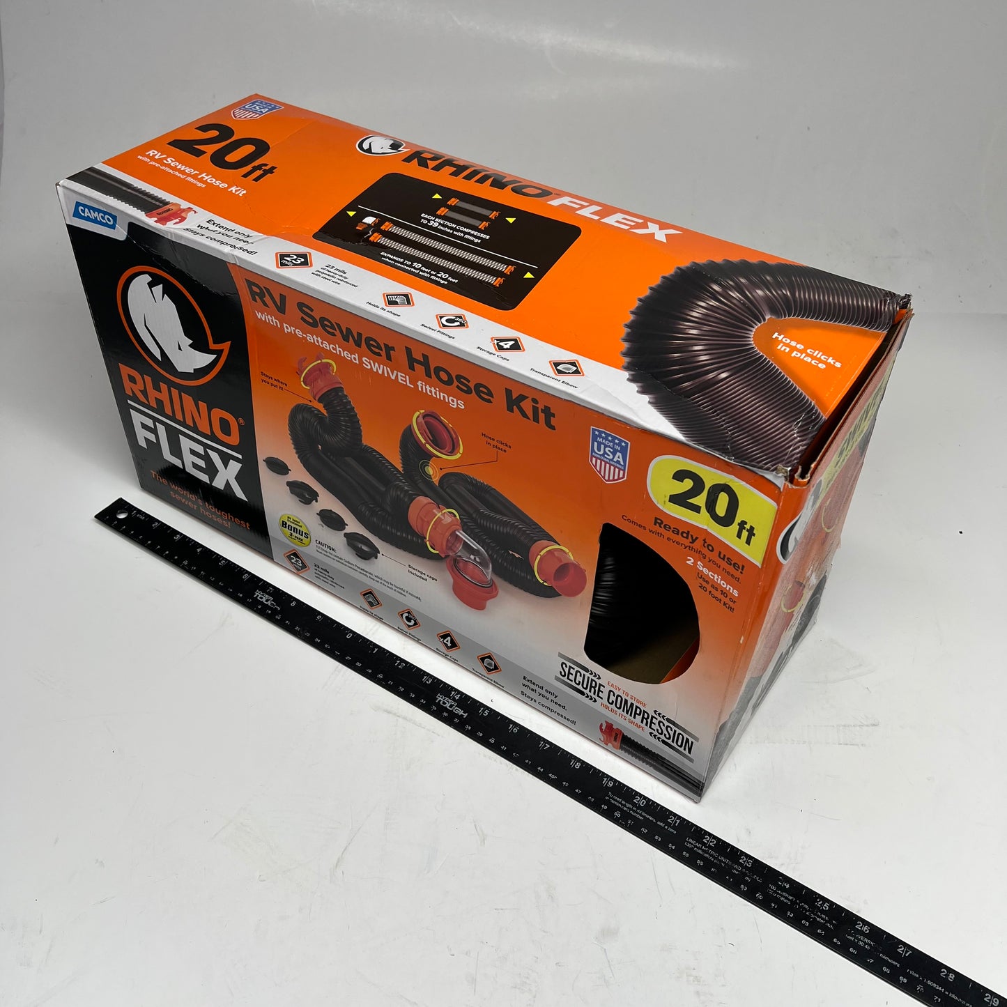 CAMCO Rhino Flex Rv Sewer Hose Kit 360 Degree Swivel Fittings 20' Black 39741