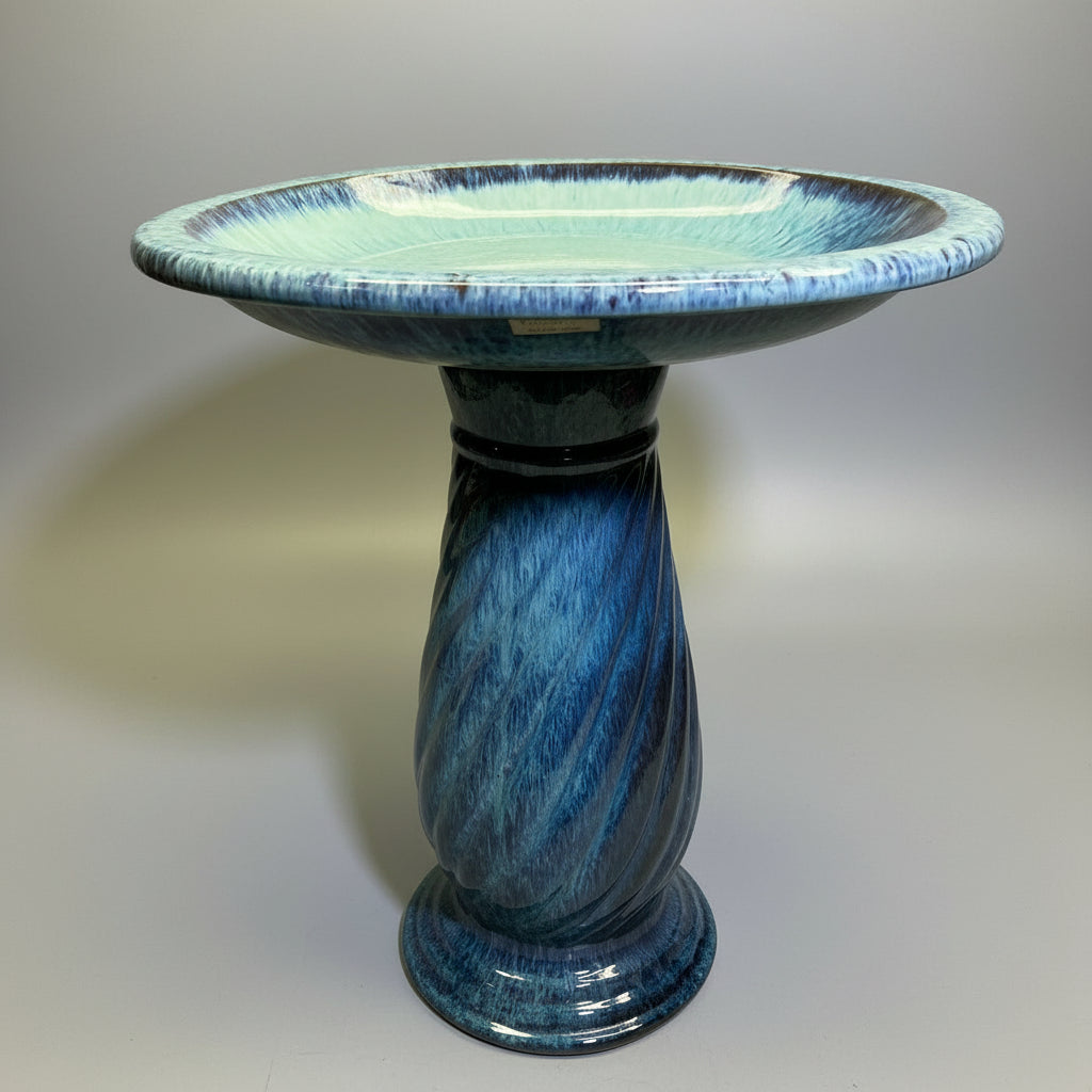 ZA@ Glazed Pottery 2 Piece Swirl Bird Bath 22" L x 20" Dia  Aqua Blue/Navy A