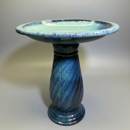 ZA@ Glazed Pottery 2 Piece Swirl Bird Bath 22" L x 20" Dia  Aqua Blue/Navy