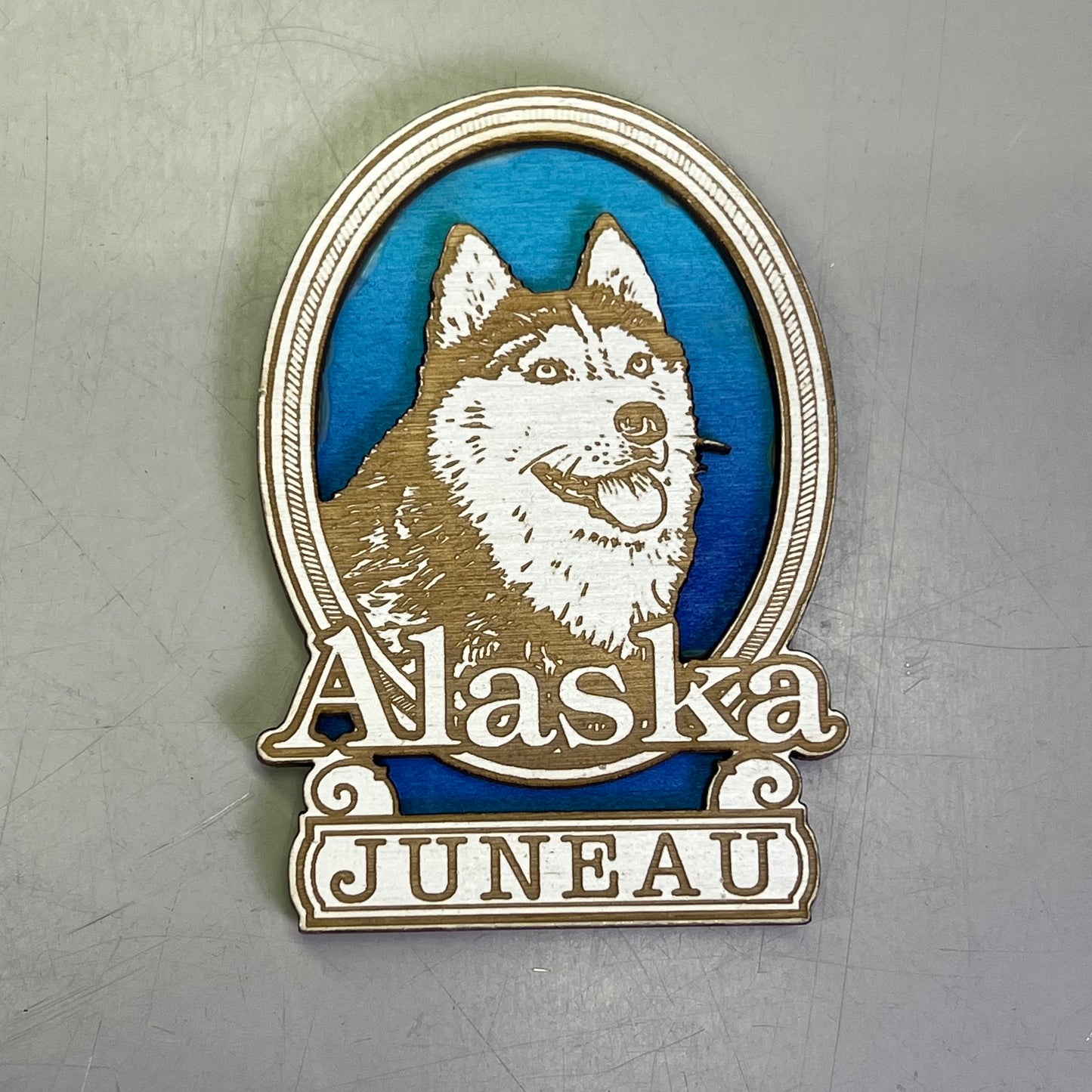 (2 PACK) Huskey Dog Laser Cut Wood Magnet Souvenir JUNEAU, AK Made In USA