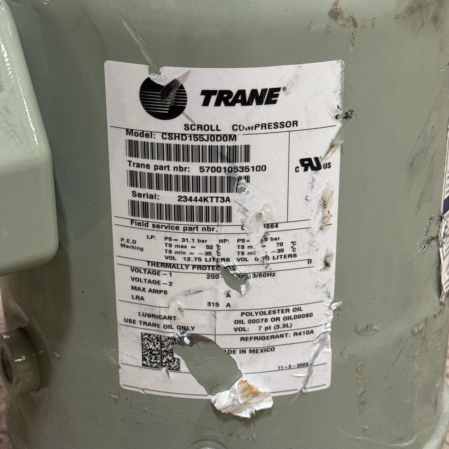 TRANE Scroll Compressor 20”Hx8”W Mint Green Iron CSHD155J0D0M (AS-IS)