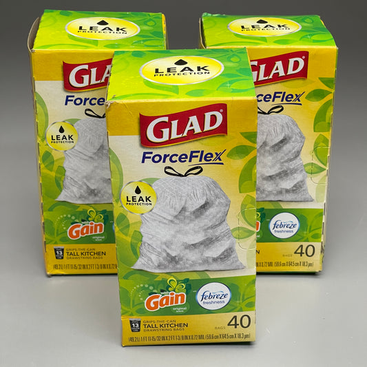 GLAD (3 PACK) Force Flex Gain Original Scent Tall Kitchen Drawstring 30GAL, 40 Bags