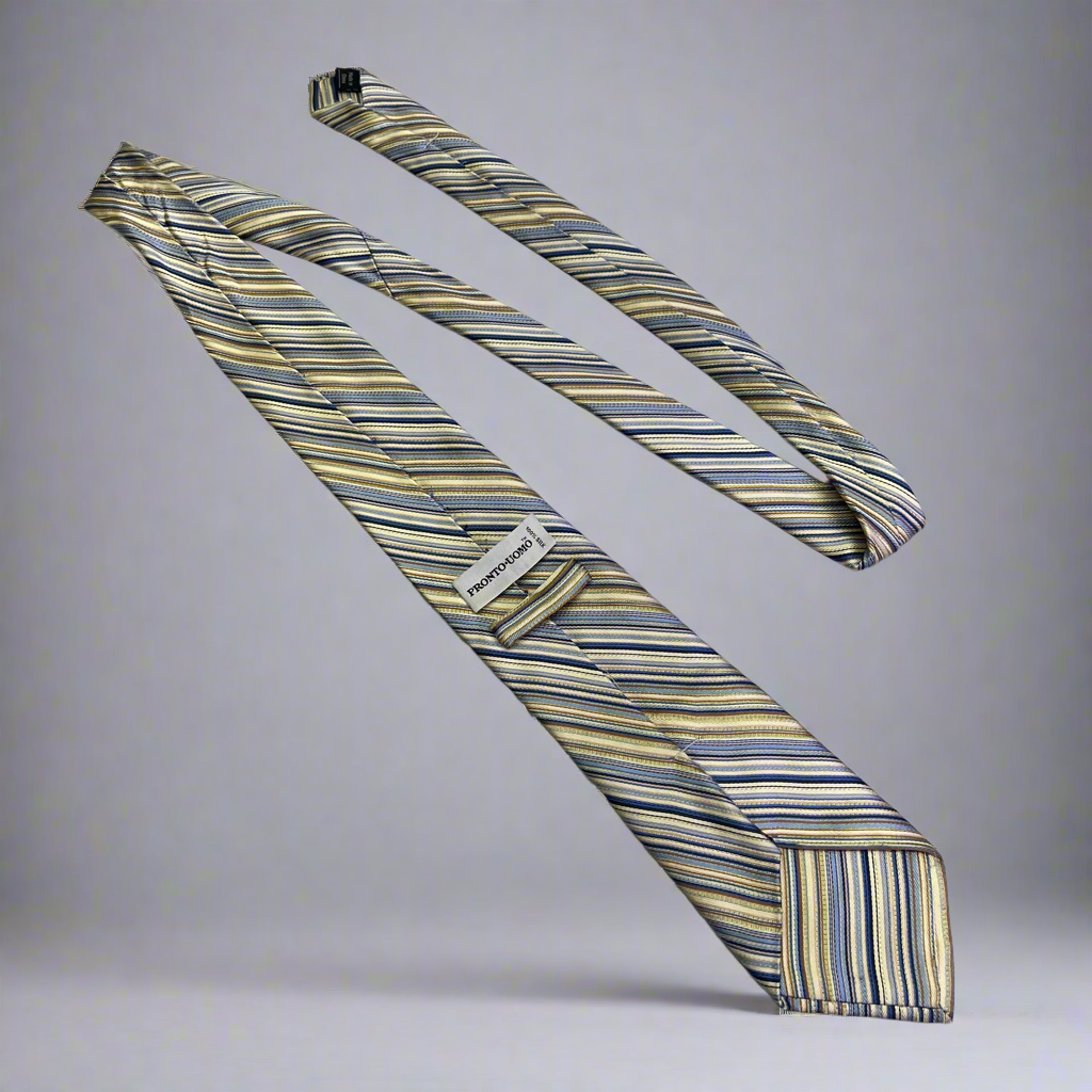 PRONTO UOMO 100% Silk Stripe Pattern Design Tie 60" Yellow/Blue (Pre-Owned)