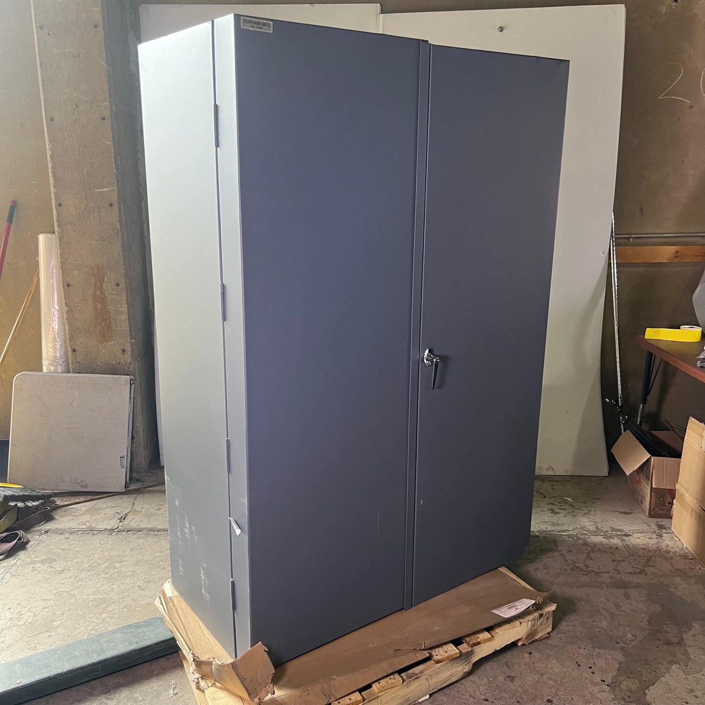 DURHAM MFG Steel Garage Cabinet w/ Blue Bins 72"H x 25"T x 48"W (Minor Damage)