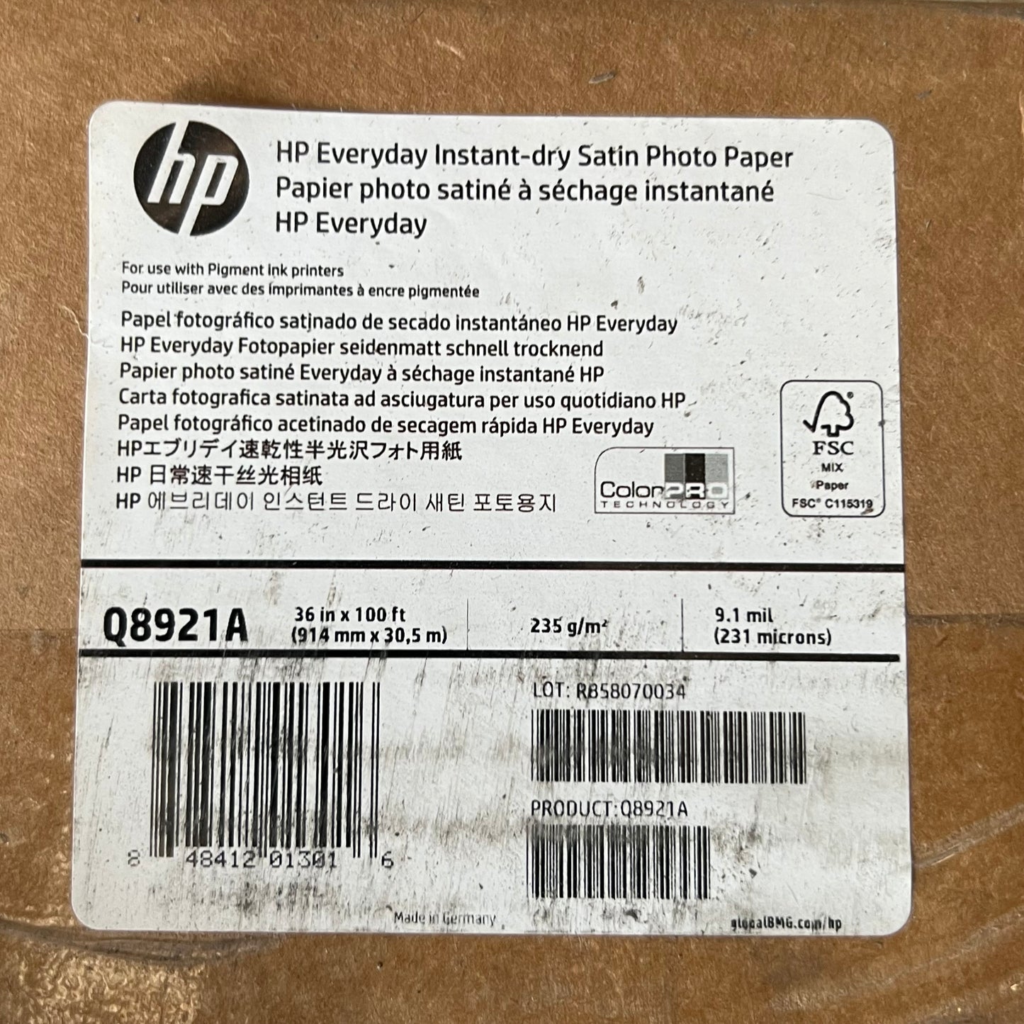 HP Q8921A Everyday Pigment Ink Photo Paper Roll, Satin, 36-Inch X 100 Ft White