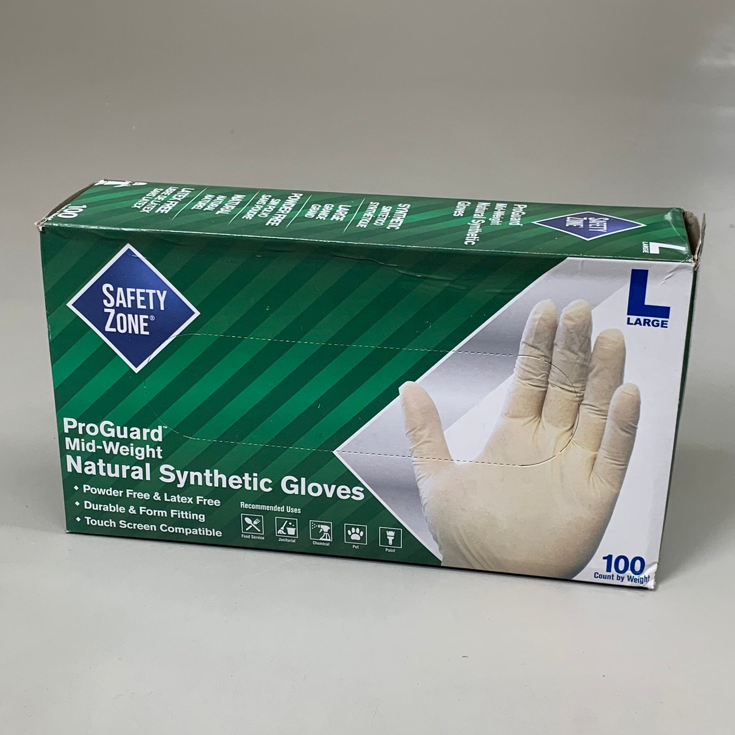 ZA@ SAFTY ZONE (10 BOXES, 1000 GLOVES TOTAL) Pro Guard Mid-Weight Natural Synthetic Gloves Sz L GVP9-LG-1-SY E