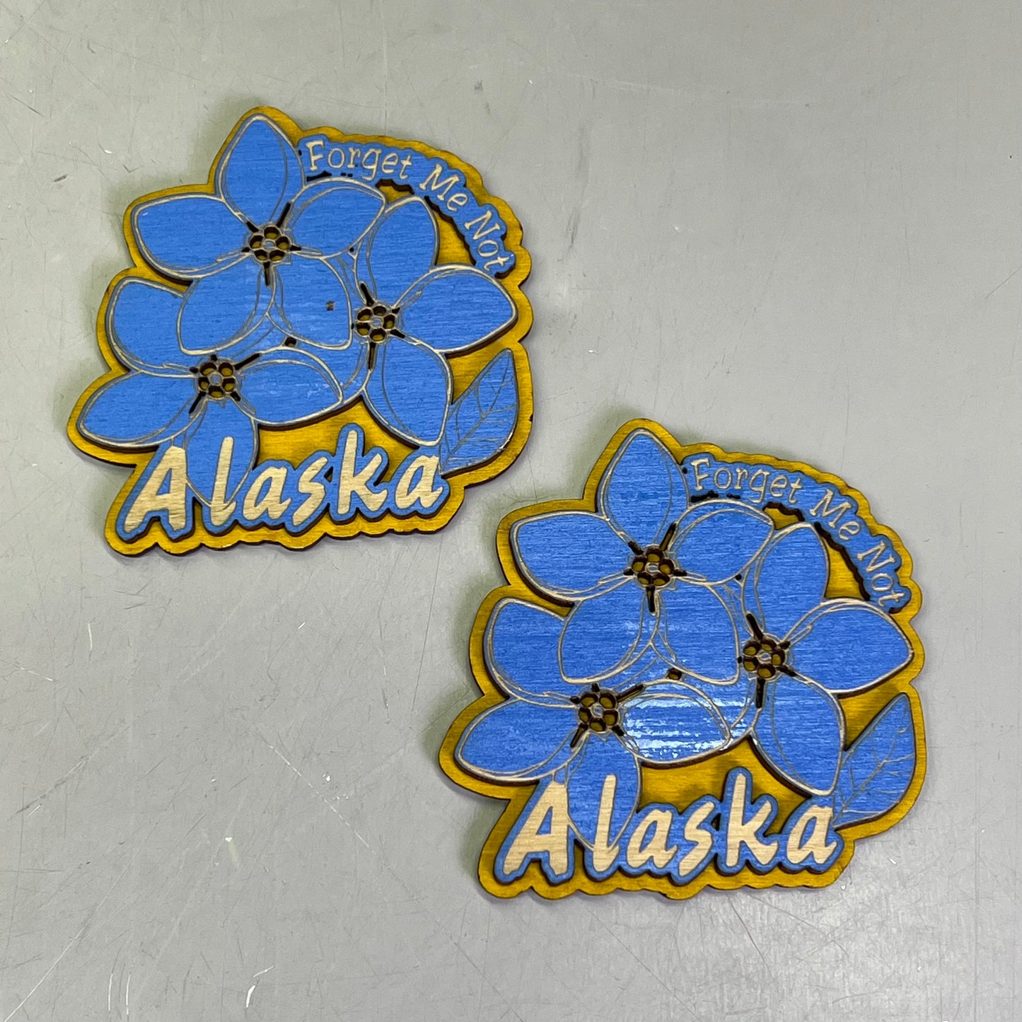 (2 PACK) Forget Me Not Flowers Laser Cut Wood Magnet Souvenir JUNEAU, AK