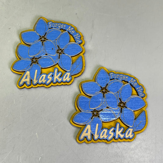 (2 PACK) Forget Me Not Flowers Laser Cut Wood Magnet Souvenir JUNEAU, AK