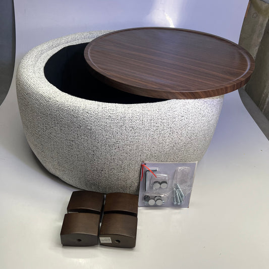 ZA@ VKNOW Modern Round Wooden Tray Ottoman W/ Storage 29.5"x29.5"x16" Grey/ Brown VK413BEI