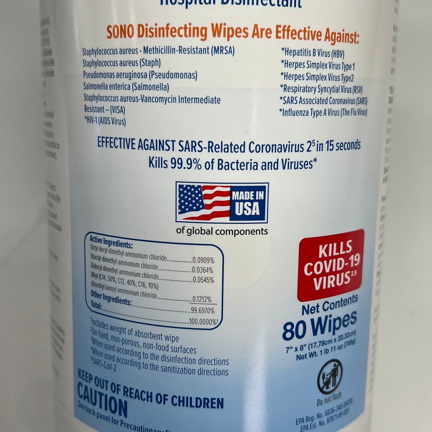 SONO (6 PACK, 80 Wipes Each) Disinfecting Wipes For Plastic & Rubber Surfaces