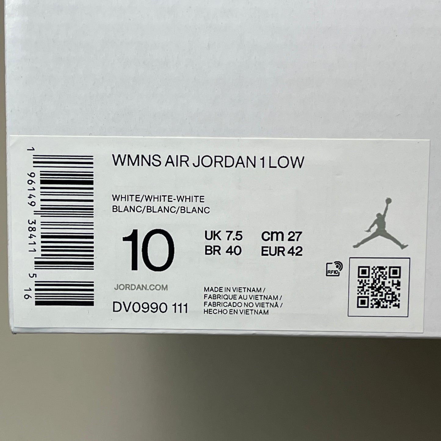 NIKE AIR JORDAN 1 Low Triple White Women's Sz 10 DV0990-111 NIB