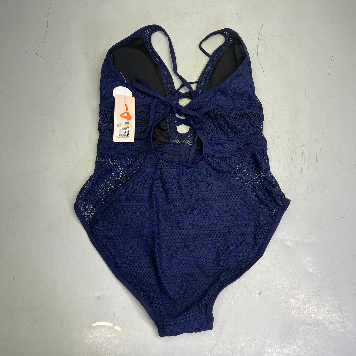 CHARMO Solid Cross Plunge Crochet One Piece Swimsuit Women's Sz M Dark Navy