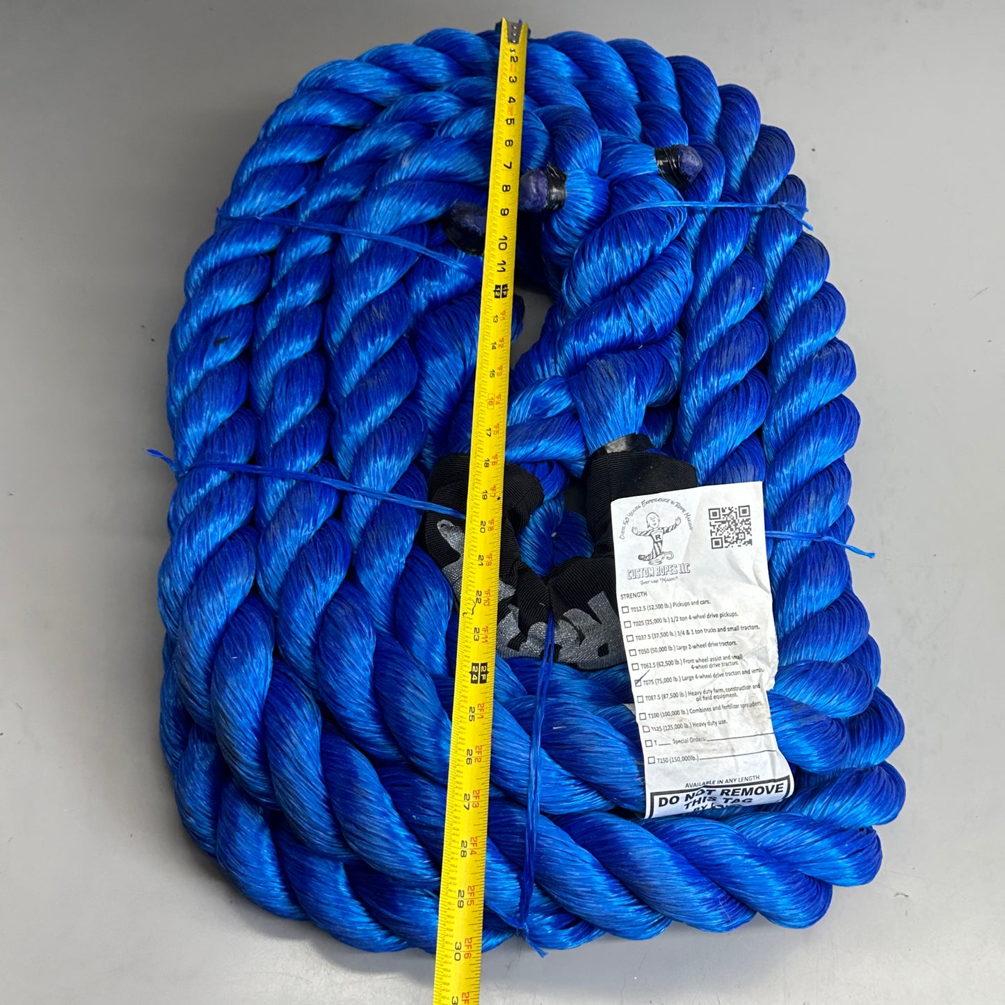 CUSTOM ROPES Tow Rope Large 4-Wheel drive tractors/semis 75,000 lb Cap Blue TO75