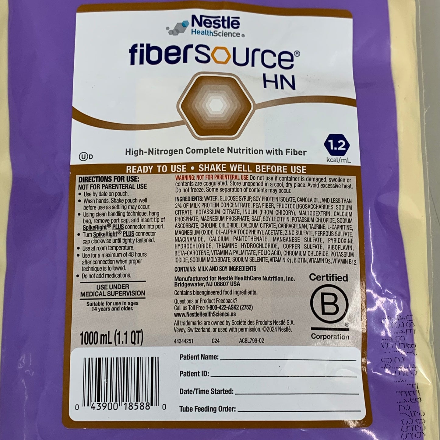 NESTLE (6 PACK) FiberSource HN Unflavored High-Nitrogen Feeding Tube 1 L BB 02/26