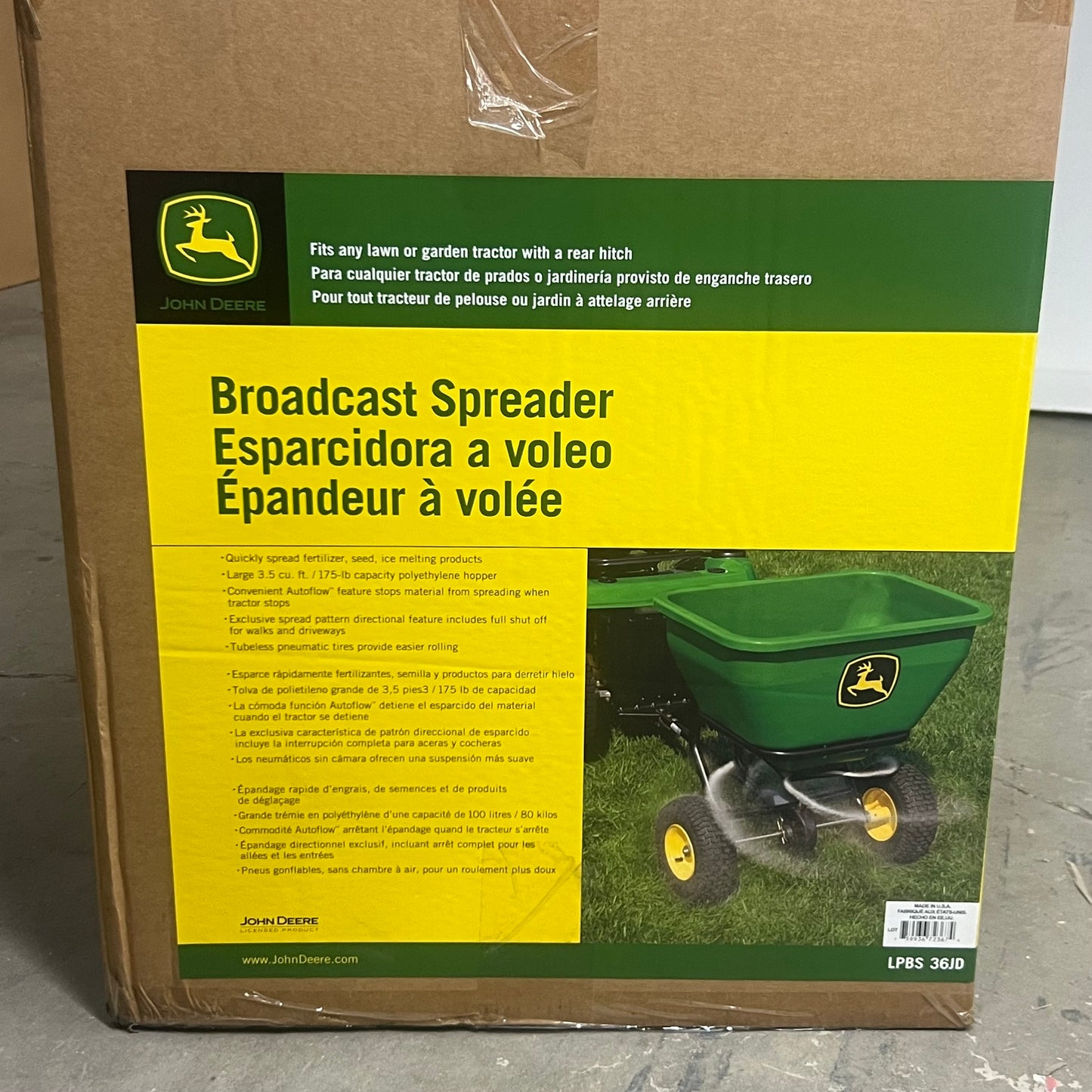 JOHN DEERE Broadcast Spreader Tow Behind Plastic Hopper Wheels Adjustable Flow 175 lb LPBS36JD