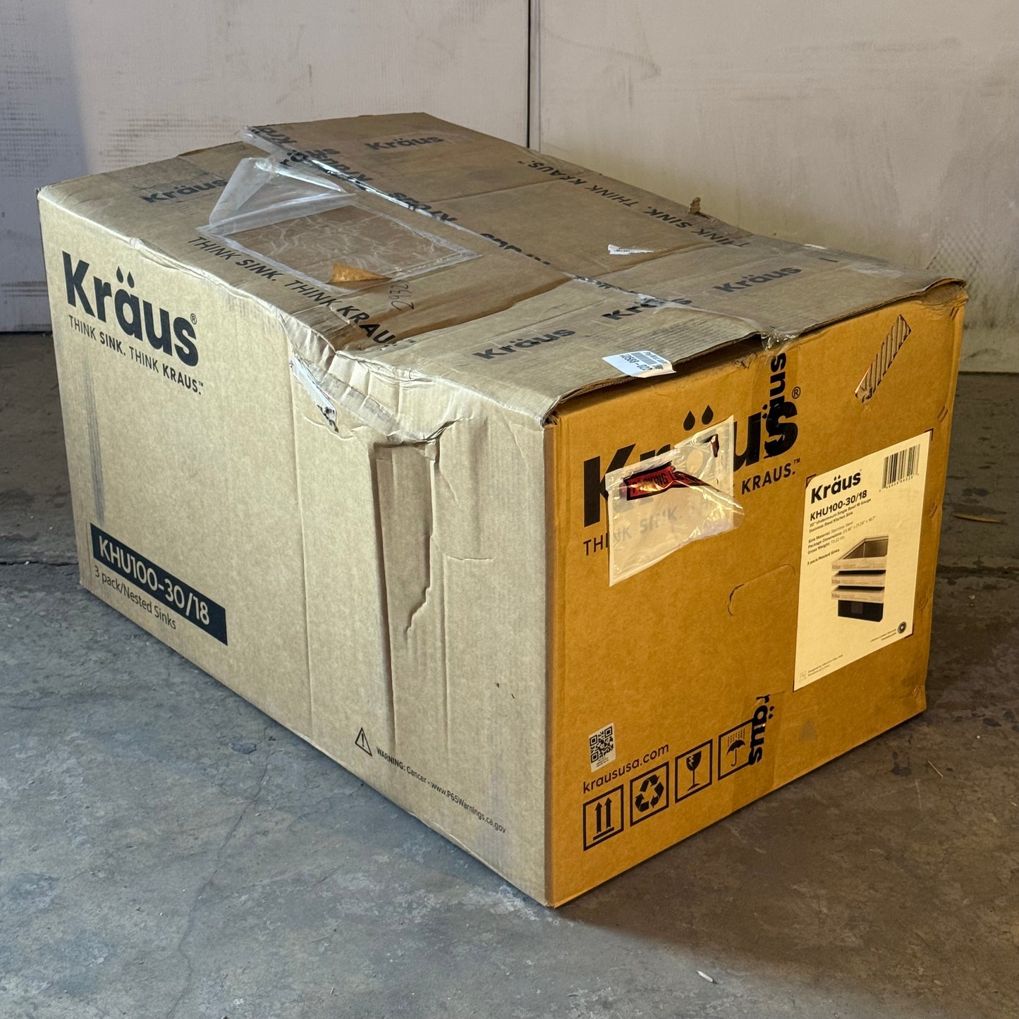KRAUS (3 PACK) 30" Undermount Single Bowl 18 Gauge KHU100-30/18 (AS-IS, The Edge is Slightly Bent)