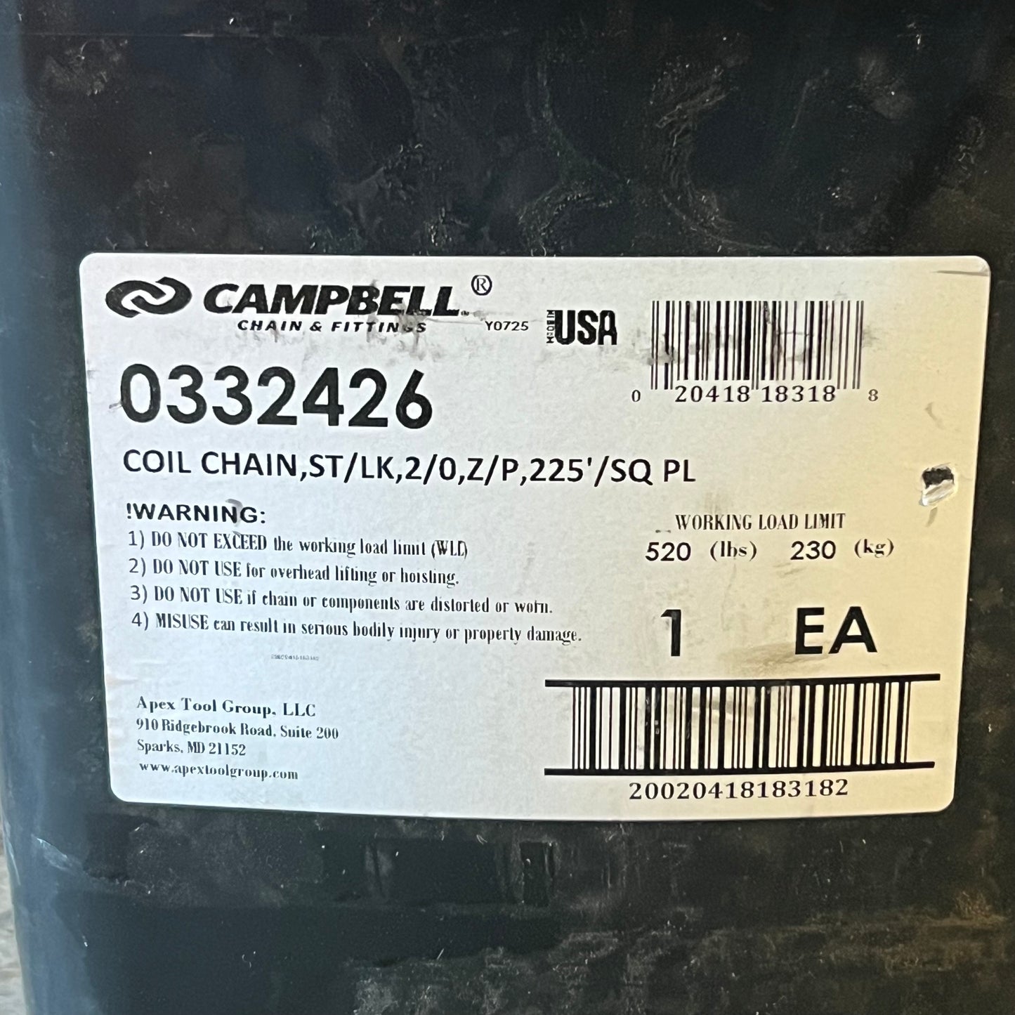 CAMPBELL Straight Link Coil Chain #2/0, 225 ft L, 520 lb Working Load 0332426