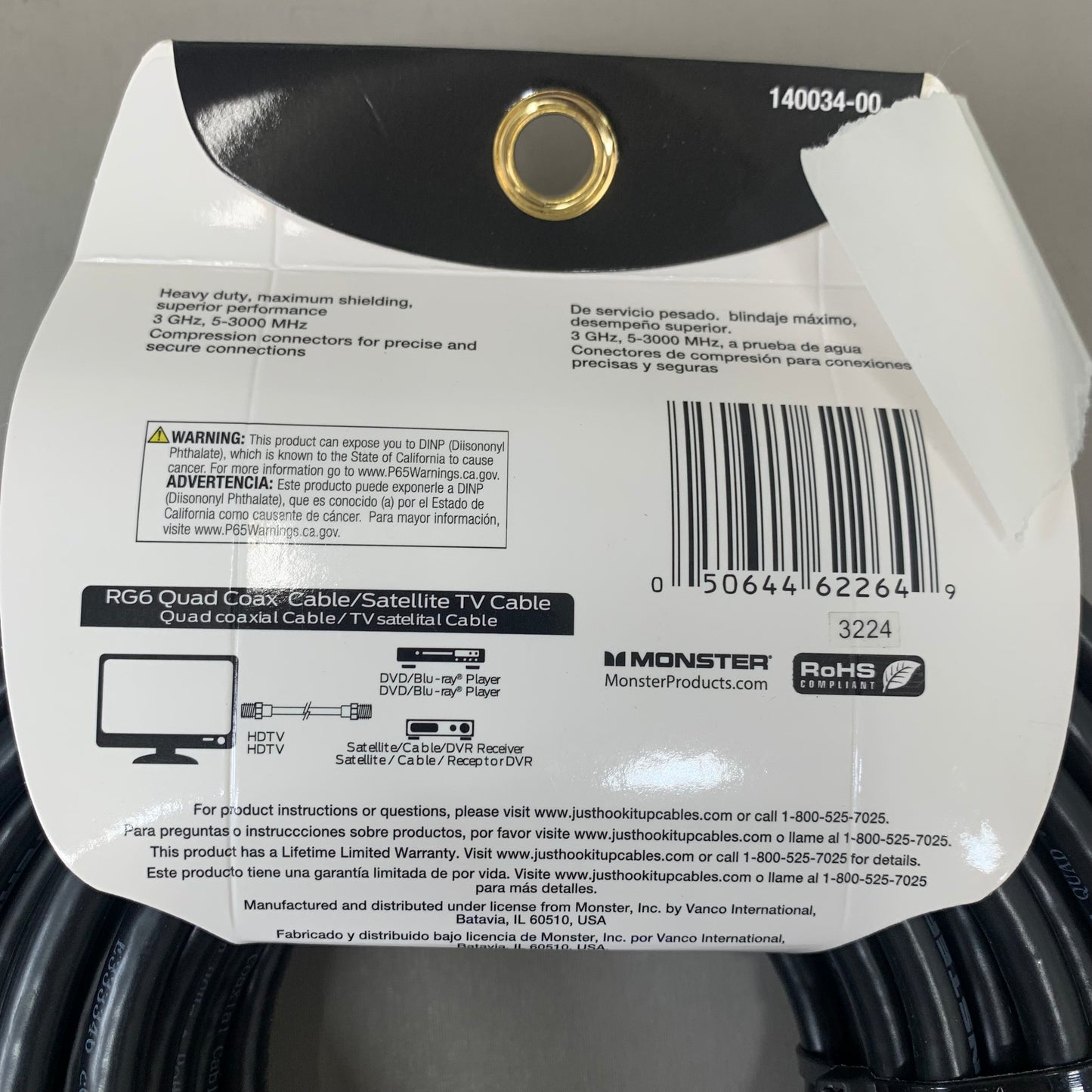 MONSTER RG6 Quad Coax Satellite Tv Cable 50ft Black 140034-00