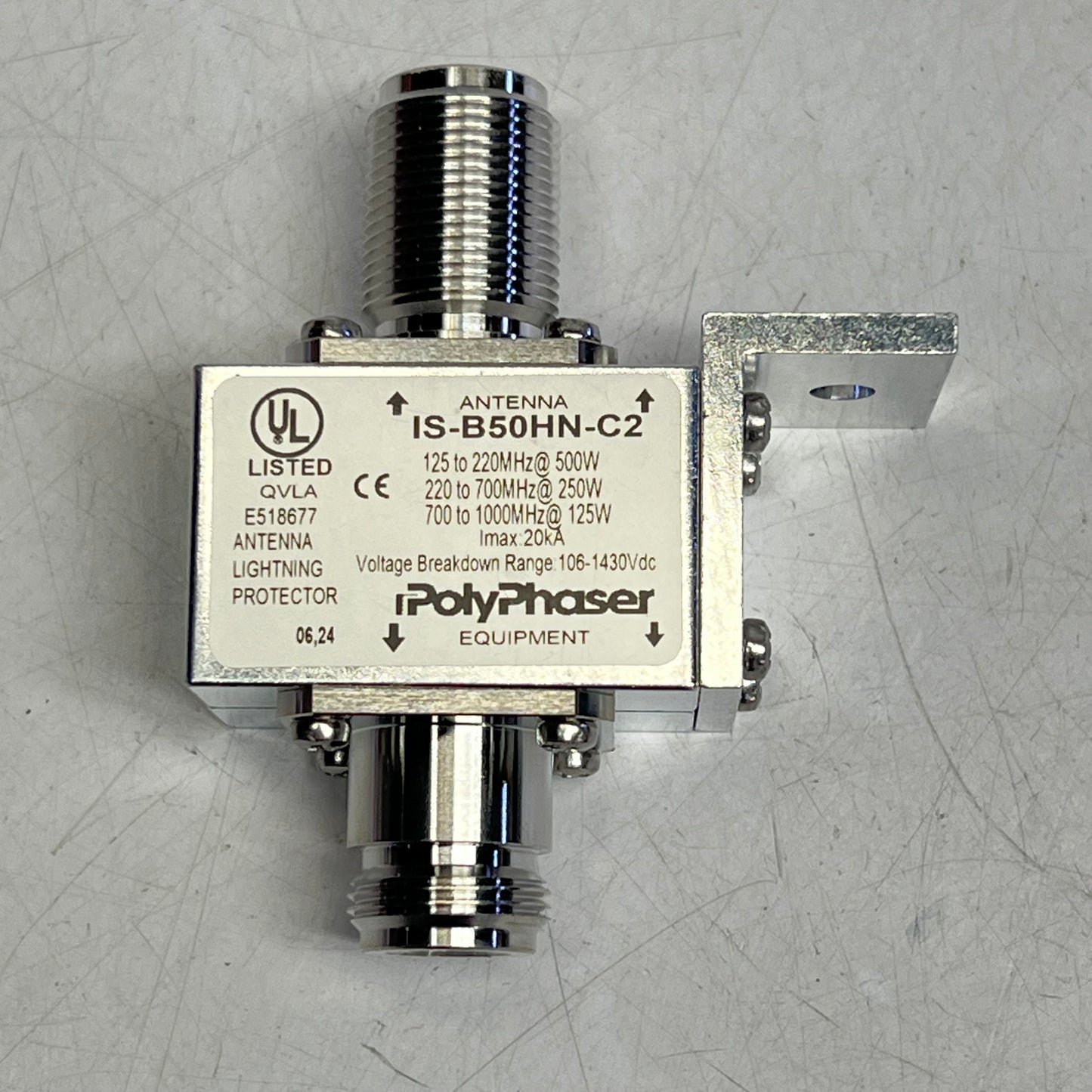 POLY PHASER Bulkhead Coaxial Rf Surge Protector 125MHz 1GHz DC Block IS-B50HN-C2