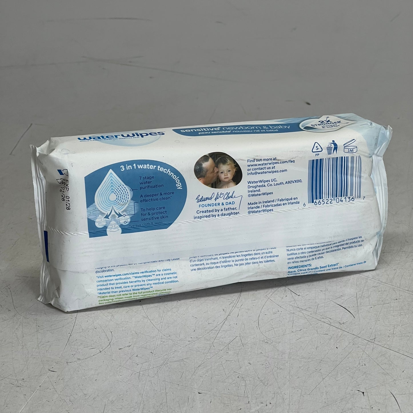 WATERWIPES (4 Pack of 60 Wipes) Sensitive+ Newborn & Baby Wipes, 3-in-1 Cleans Sz 7" x 6.6", White BB 01/26