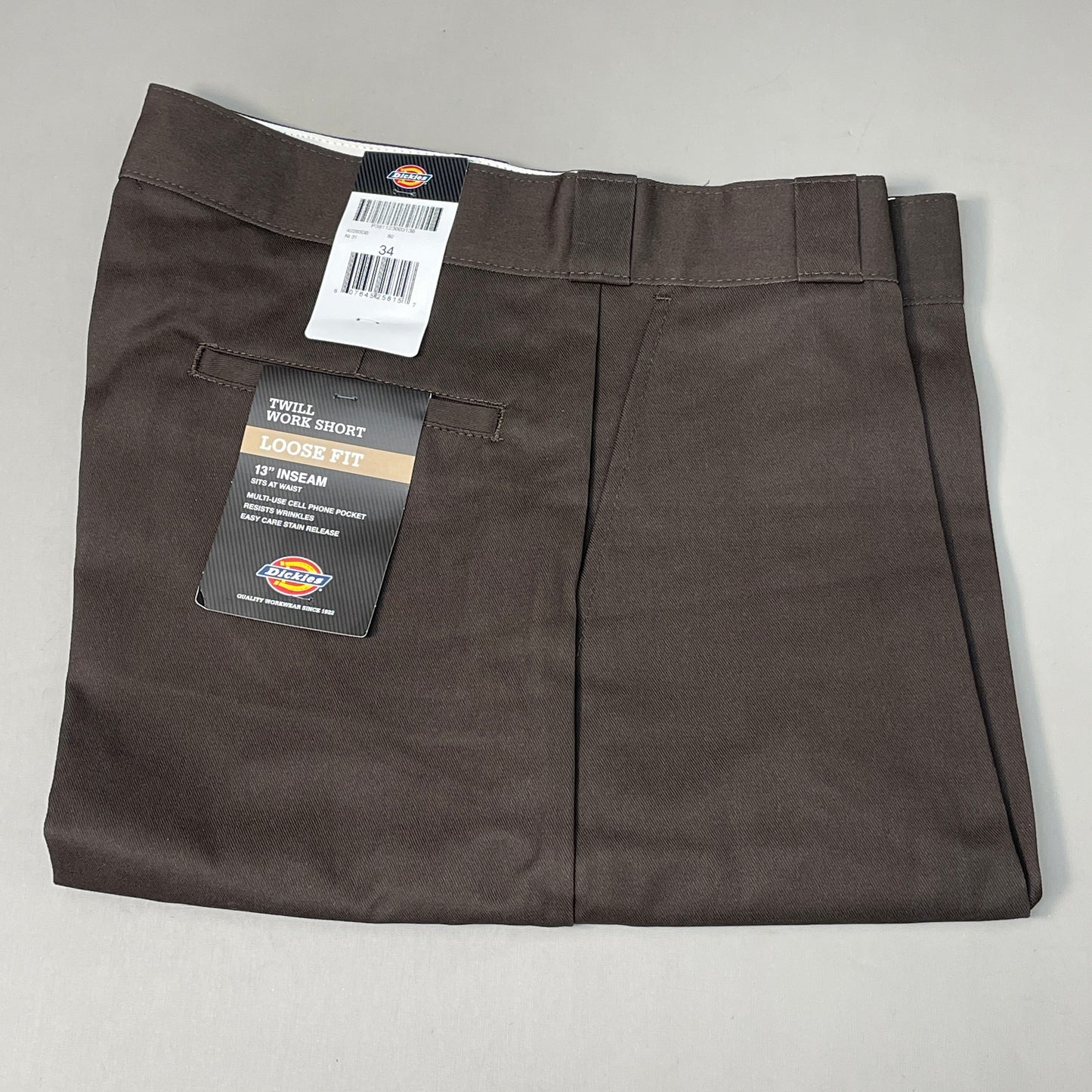 DICKIES Loose Fit Twill Work Shorts 13" Inseam Men's Sz 34 Dark Brown 42283DB