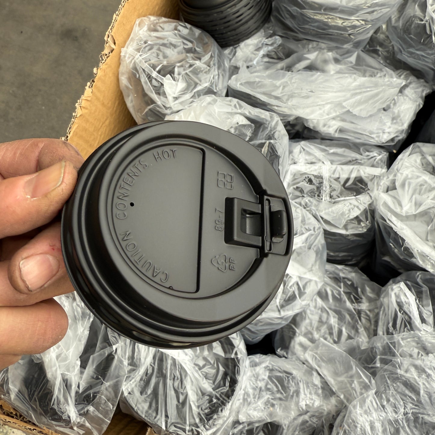 ZA@ Pallet of FIRST MARK Clear Lids, Black Hot Cup Lids, Tortilla Strips, & Toilet Seat Covers