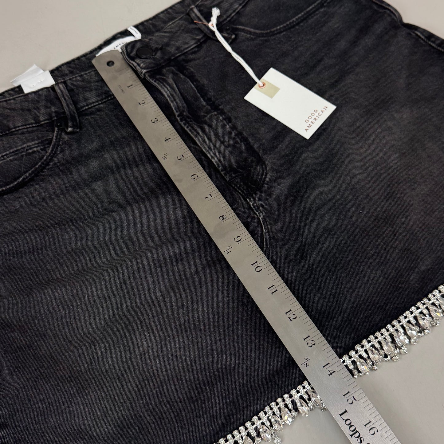 GOOD AMERICAN Denim Crystal Trim Skirt Women's Sz 12 Black376 GFD301
