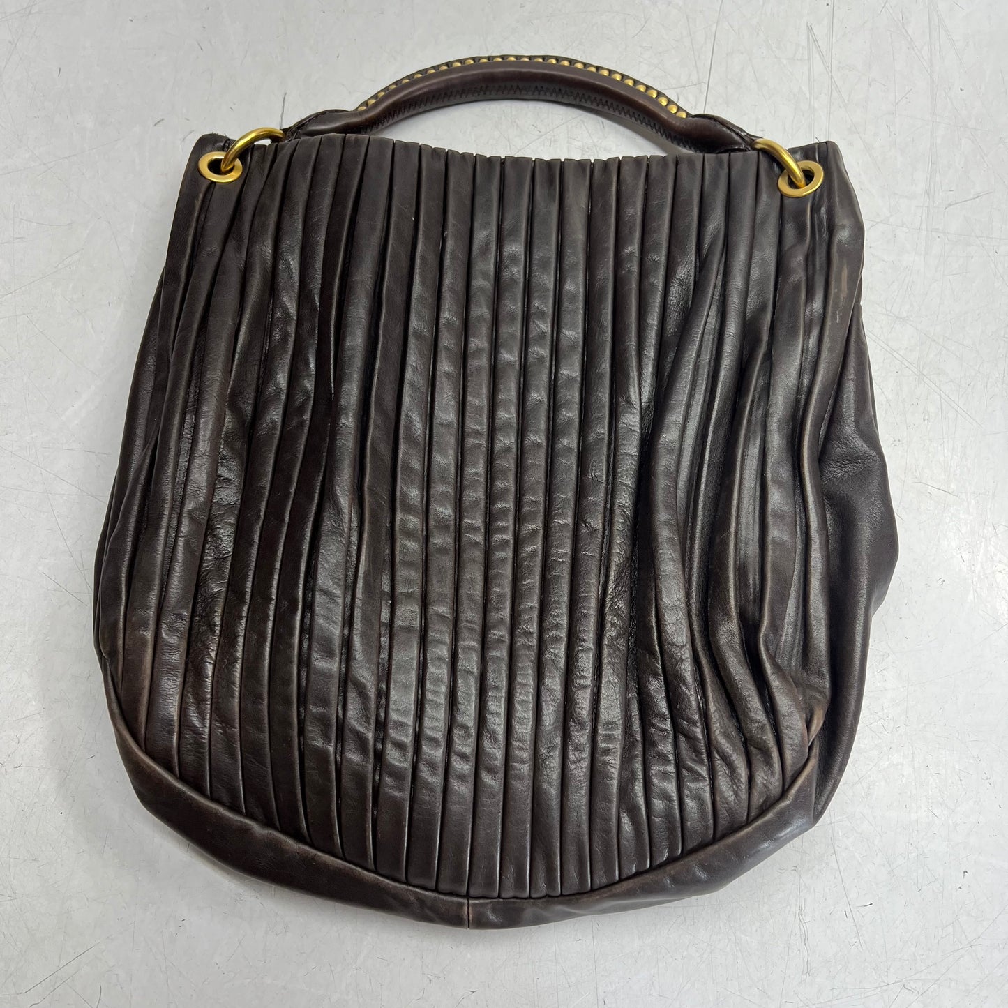MIU MIU Bosco Leather Pilsse Tote Gold Studded Handle 14"x14" Brown (Pre-Owned)