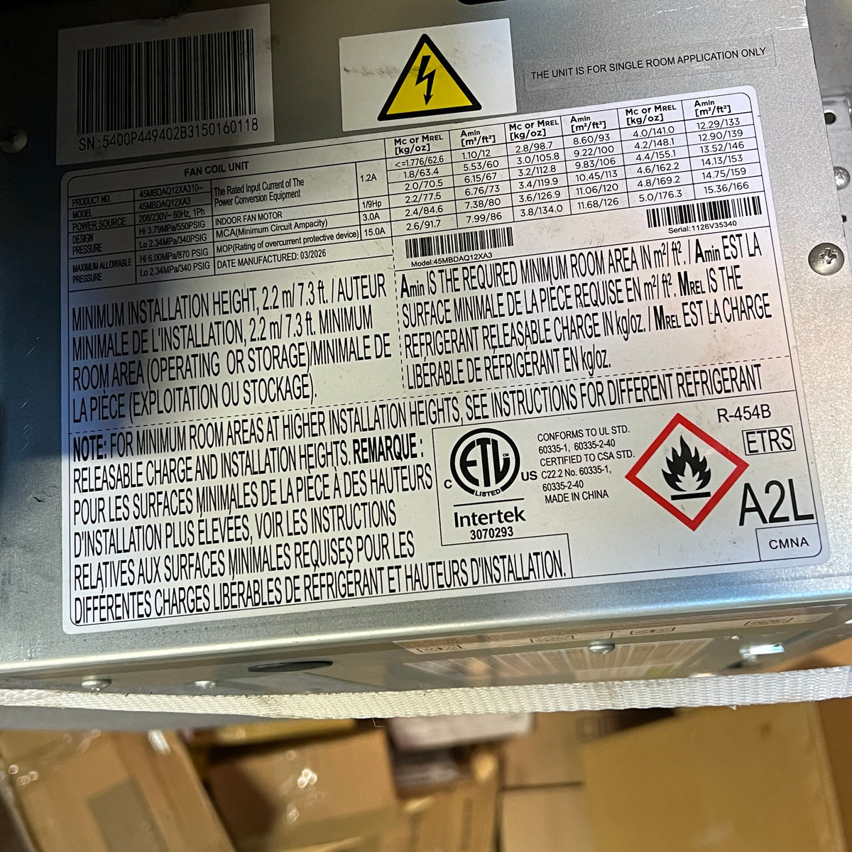 CARRIER Ductless Slim Ducted Heat Pump Fan Coil Unit 208-230 VAC 45MBDAQ12XH3