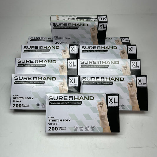 ZA@ SUREHAND (10 PACK) Powder Free Ambidextrous Stretch Poly Gloves Sz XL Clear (As-Is)