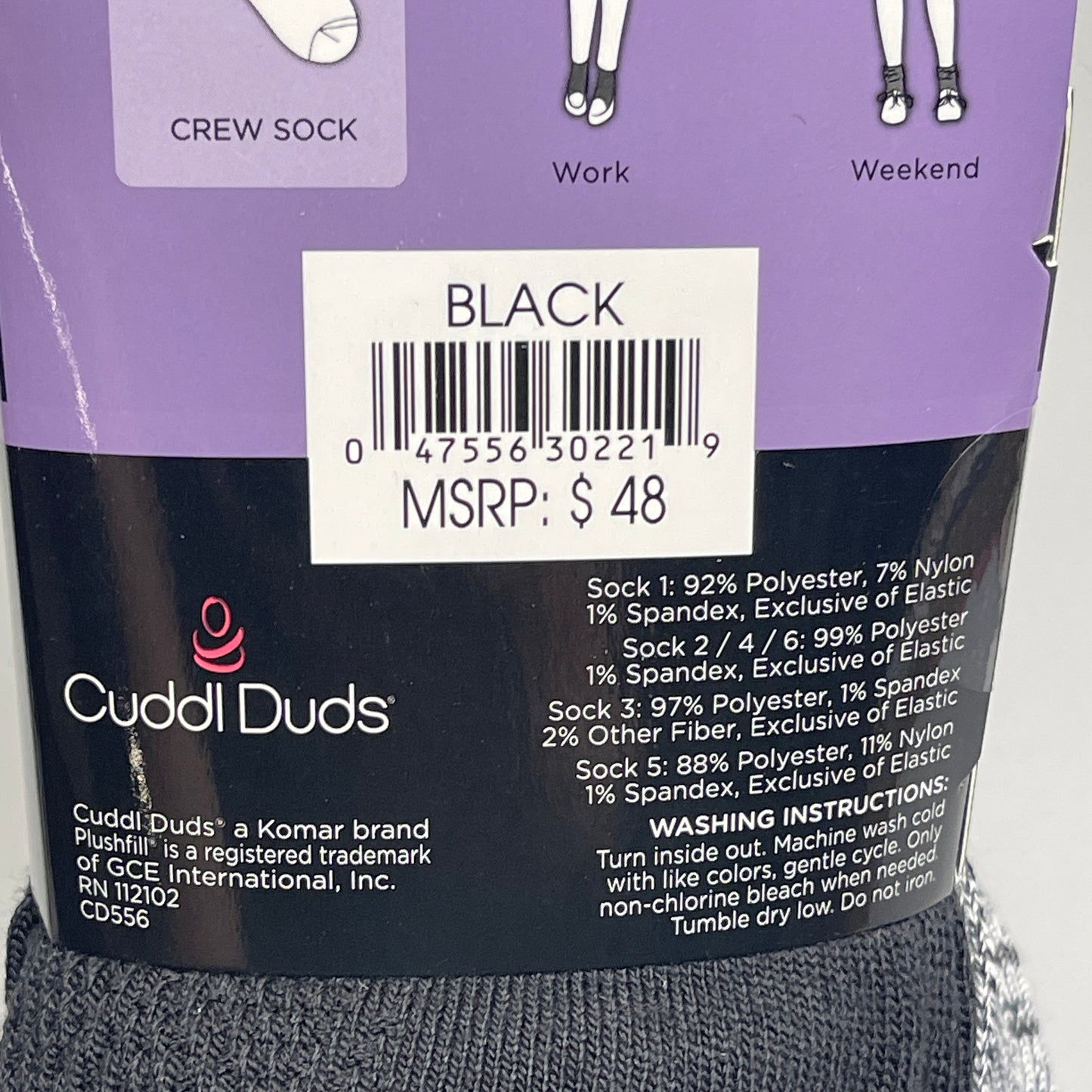 CUDDLE DUDS Super Soft Midweight Crew Socks 6 Pair Black Sz 4-10 (New)