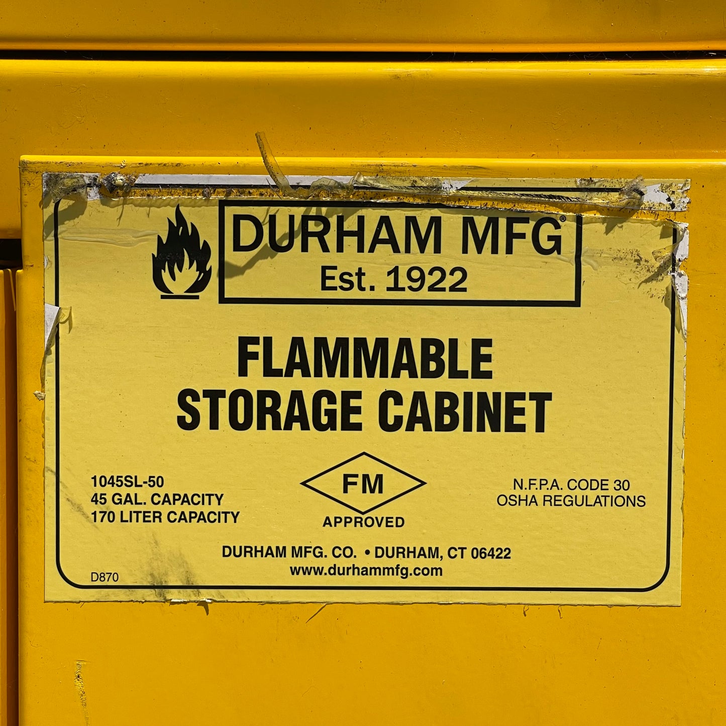Z@ DURHAM Flammable Storage Cabinet 45 gal capacity 1045SL-50 (AS-IS)