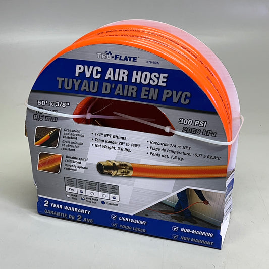 TRU-FLATE PVC Air Hose 1/4" NPT Fittings 300 PSI 50' x 3/8" Orange 576-50A