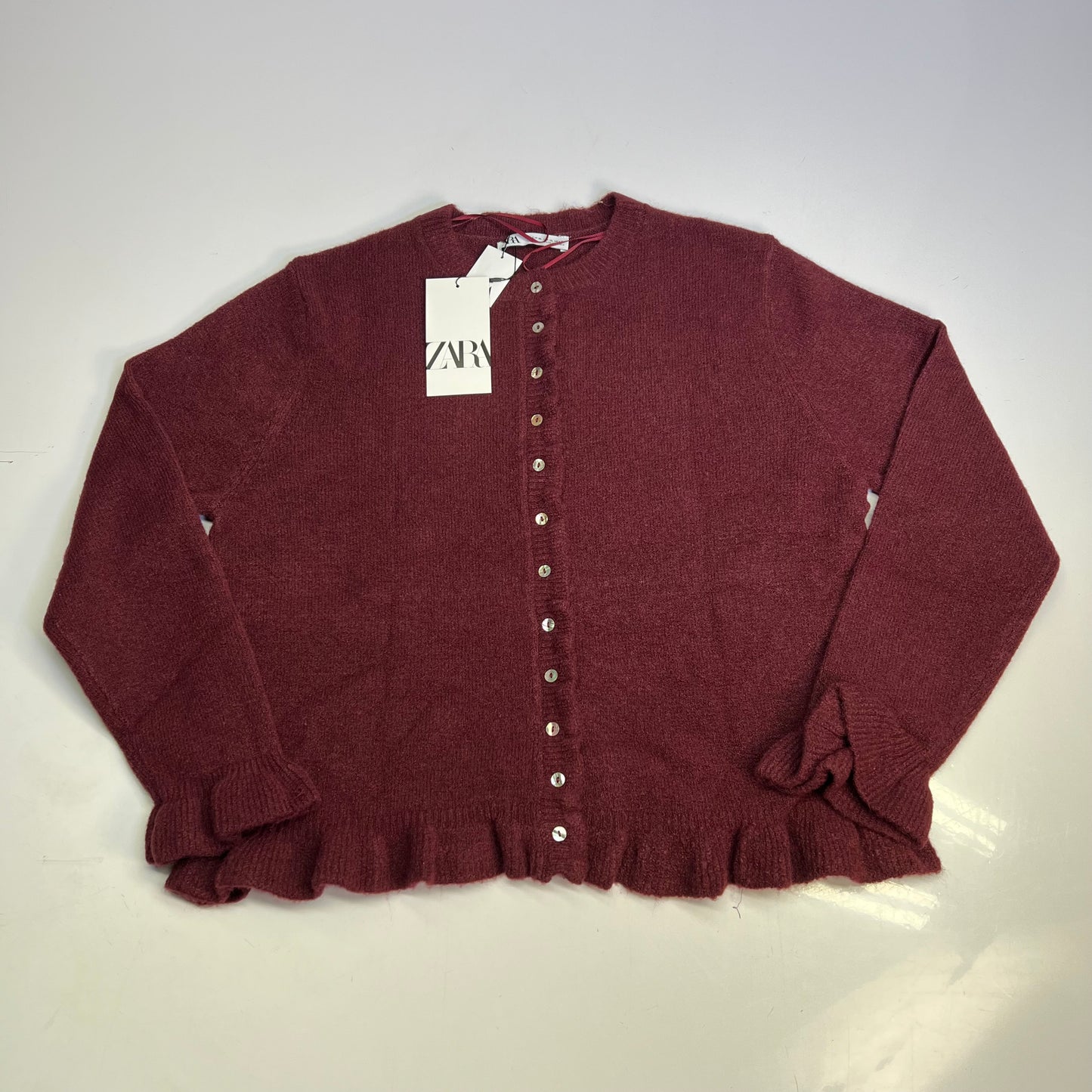 ZARA Plain Knit Cardigan W/ Ruffle Sleeves & Pearl Buttons Womens Sz XL Burgundy