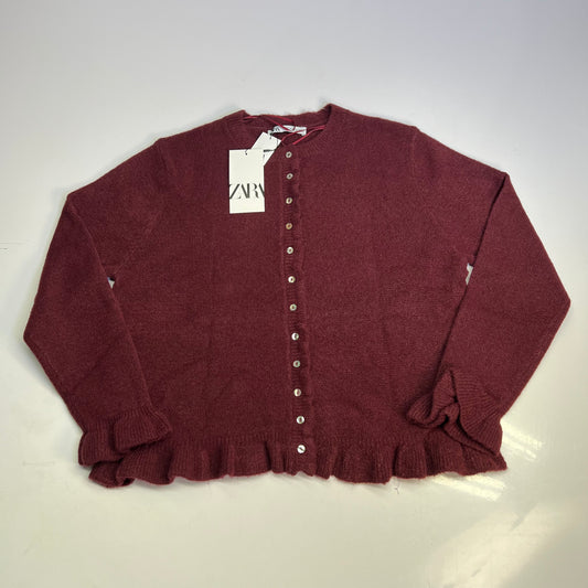 ZARA Plain Knit Cardigan W/ Ruffle Sleeves & Pearl Buttons Womens Sz XL Burgundy