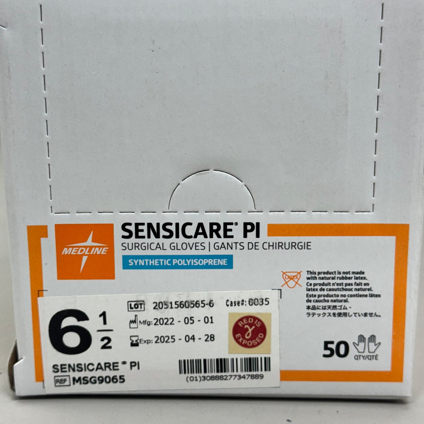 MEDLINE SensiCare PI Surgical Gloves 50 PCS 6.5 Synthetic Polyisoprene BB 04/25