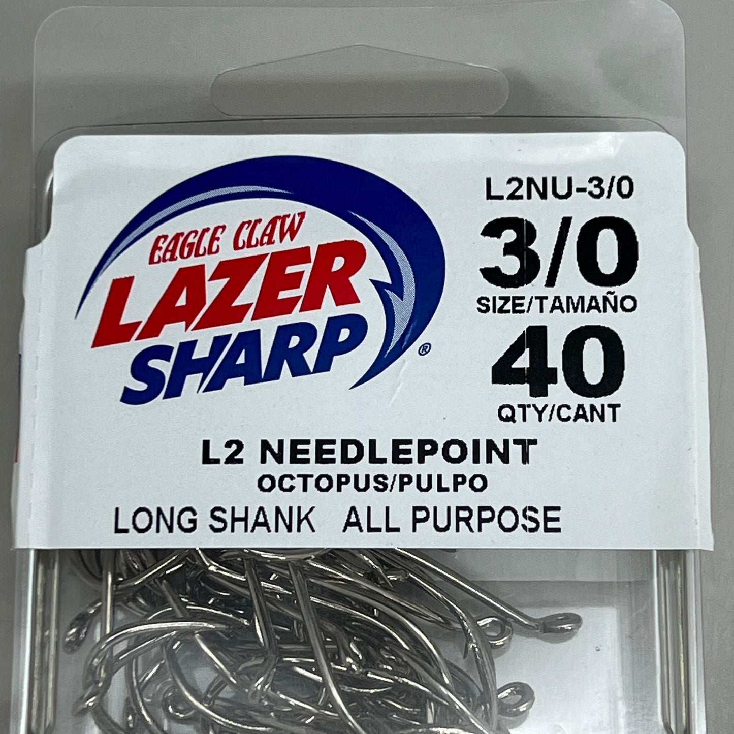 EAGLE CLAW Lazer Sharp L2 Needle Point Long Shank All Purpose #3/0 40pc L2NU-3/0