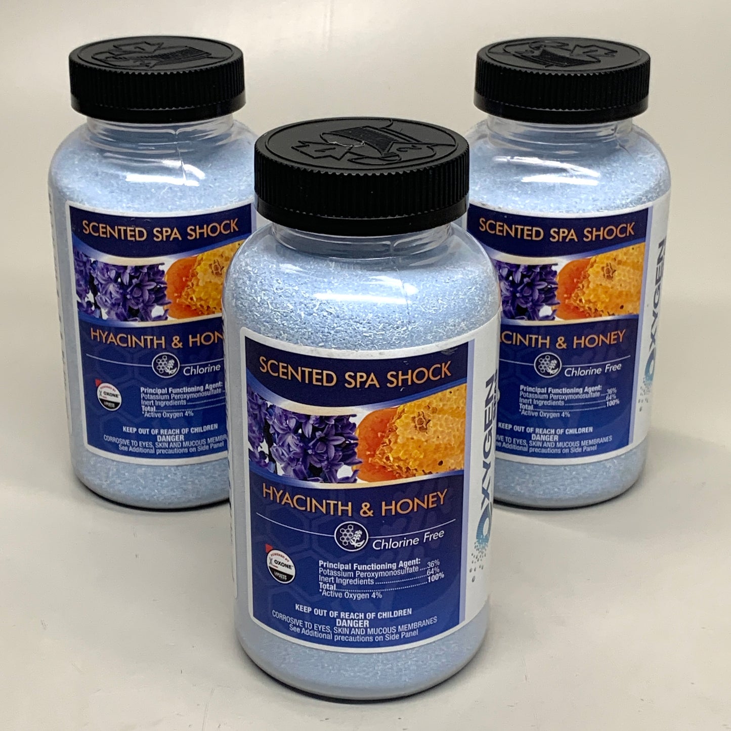 OXYGEN SPAS (3 PACK) Scented Spa Shock Chlorine Free Hyacith & Honey 1.875 lbs