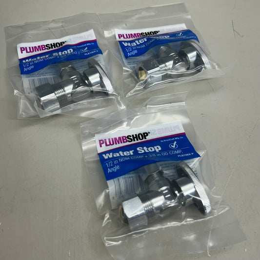 PLUMBSHOP (3 Pack) Turn Angle Water Stop 1/2"x3/8" Chrome PLB100