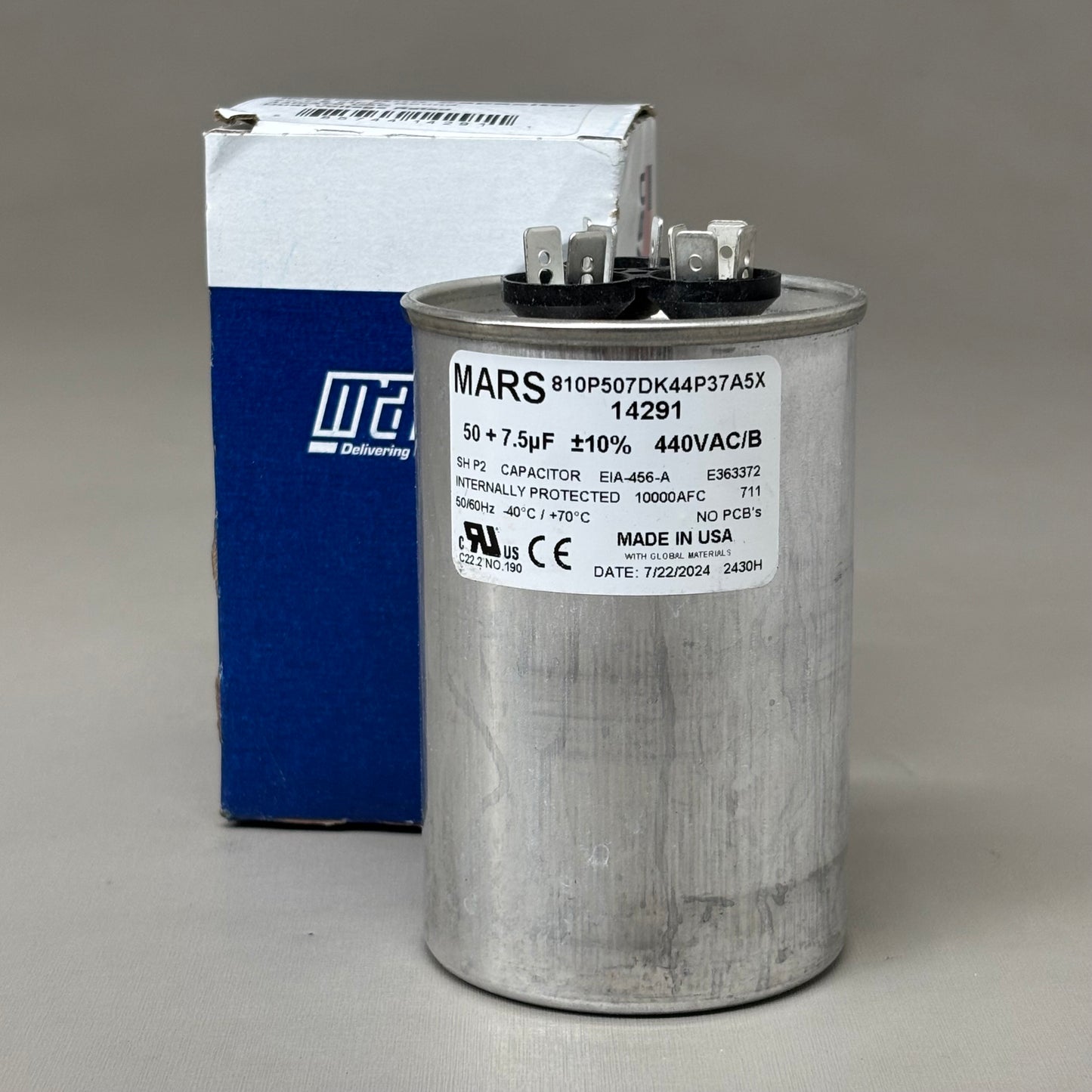 MARS Aluminum Motor Run Capacitor Round 50/7.5 MFD 440/370VAC Dual Voltage 14291