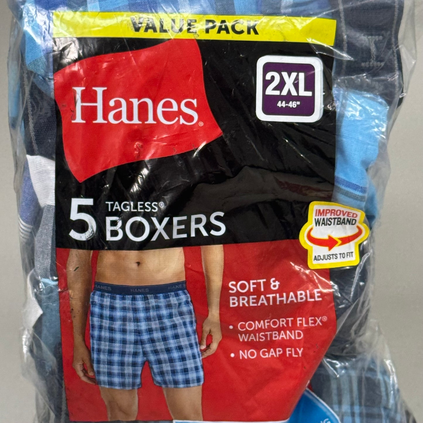 ZA@ HANES (2 PACK) Tagless Boxer Underwear Exposed Waist Band Men's 2XL Blue 5pk