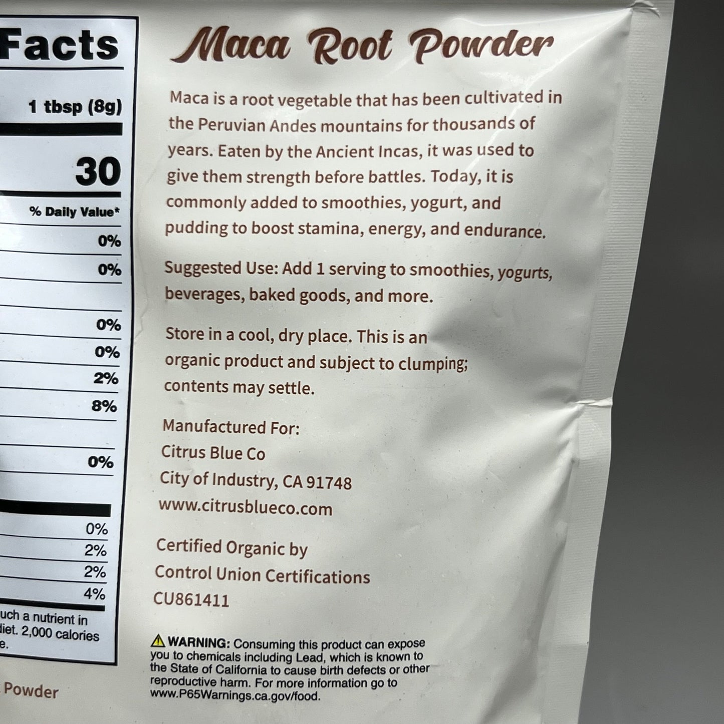 ZA@ NUTRI-HUT Organic Maca Root Powder 16 oz Vegan, Non-GMO, Gluten Free BB 07/25 B