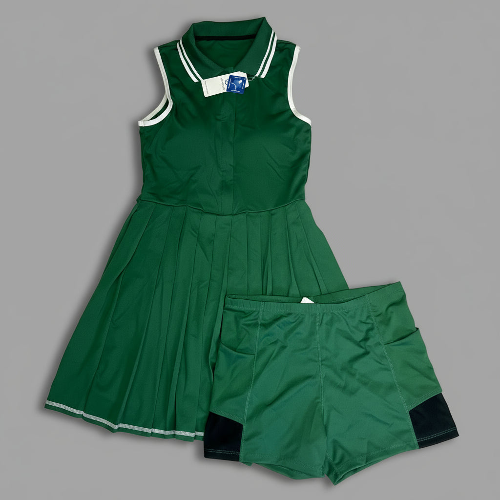 CHARMO Tennis Polo Dress Pleated Skirt W/ Shorts Women's Sz M Grass Green