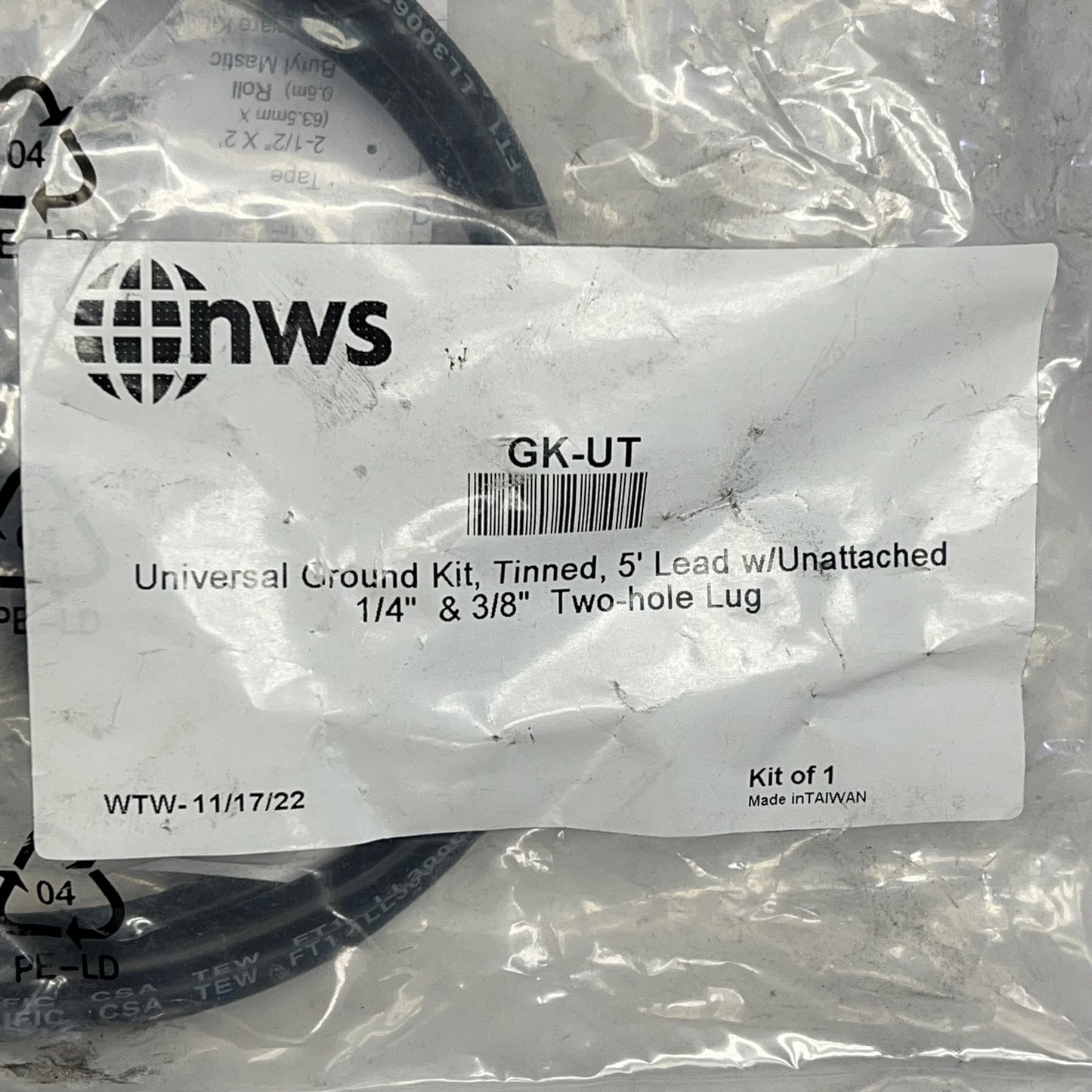 NWS Uni Ground Kit Tinned W/ Unattached 1/4" & 3/8" Two-Hole Lug 5' Lead GK-UT