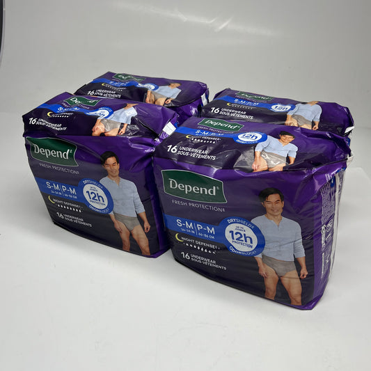 DEPENDS (4 PACK, 16 EACH) Fresh Protection Dry Shield  Unisex Sz S-M Grey 55156