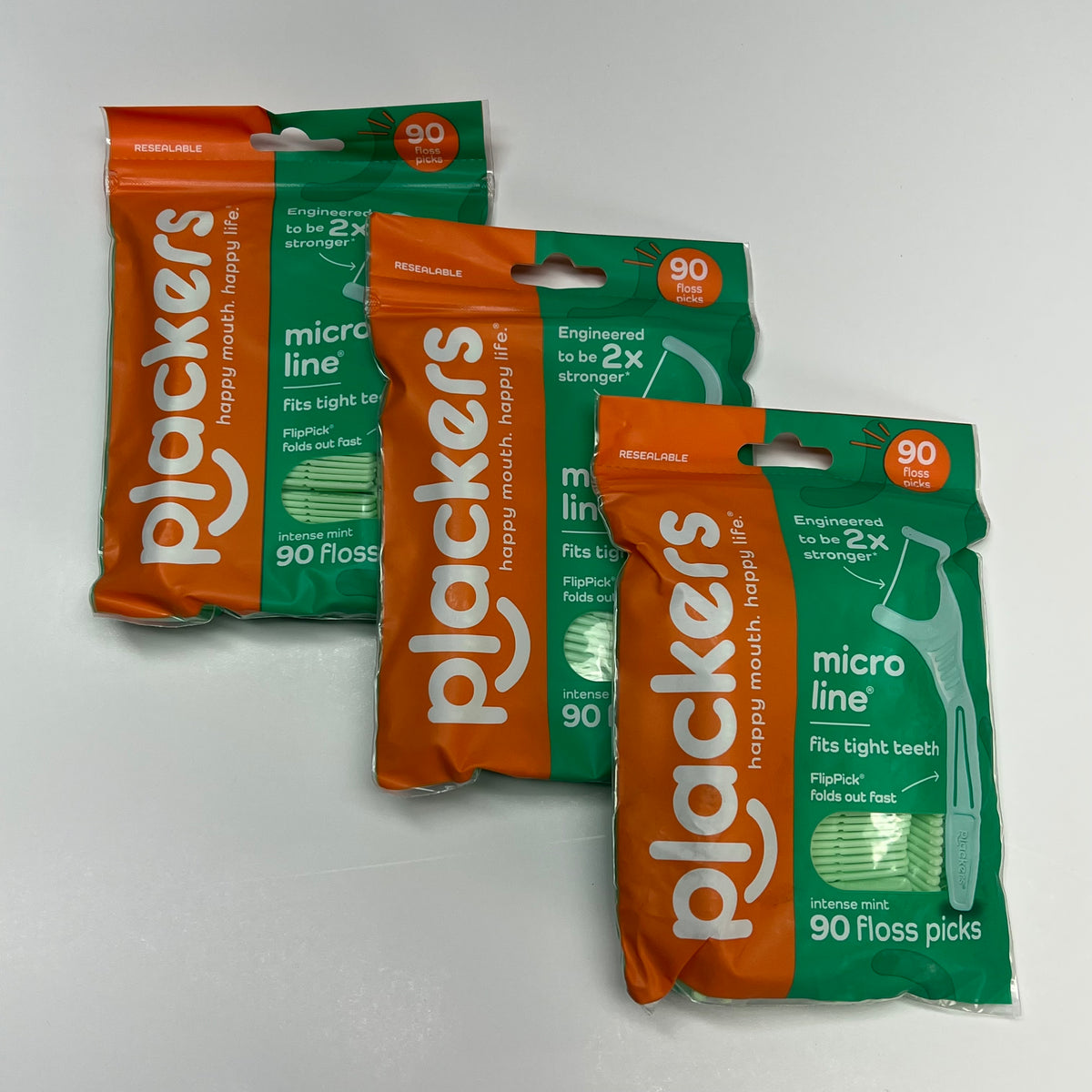 ZA@ PLACKERS (3 PACK,90 EACH) Intense Mint Micro Line Floss Picks  2X Stronger Green